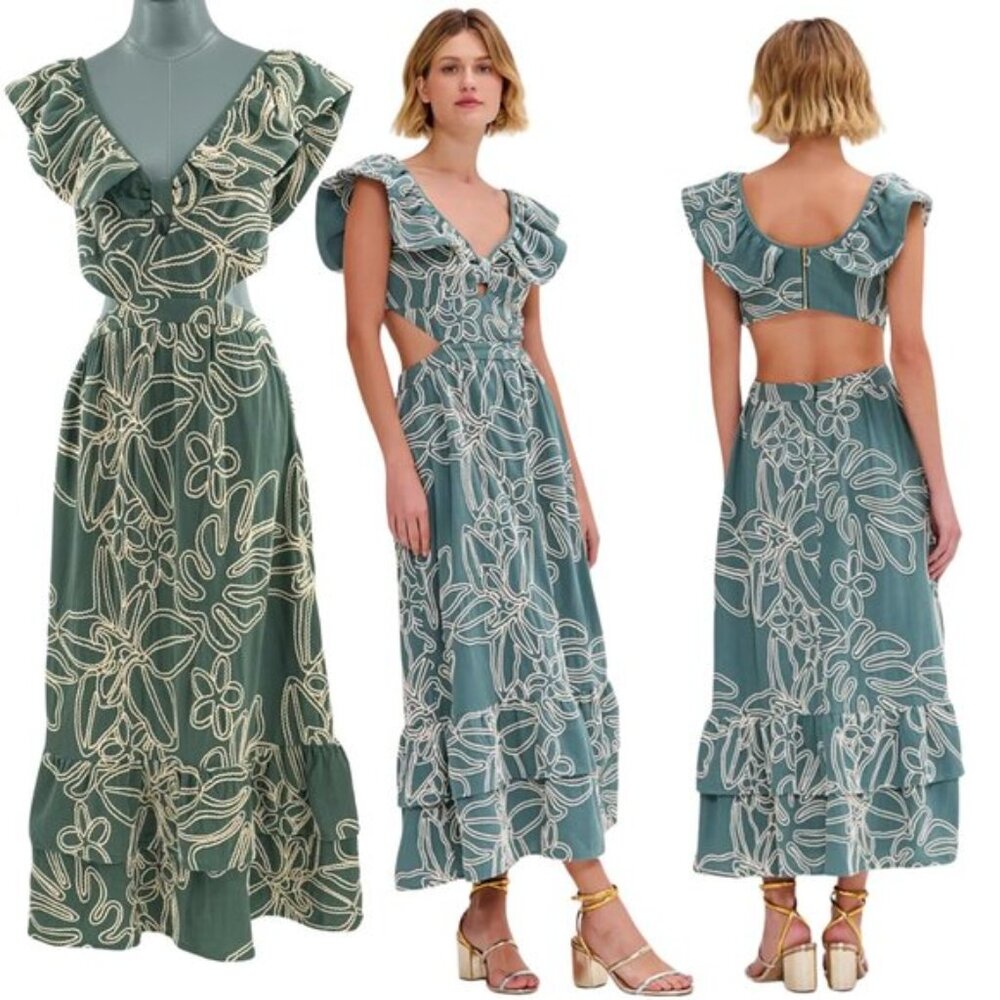 🆕 PATBO 🧿 NWOT Asas Linen Cut Out Midi Dress, Green w White Embroidery - Sz 4